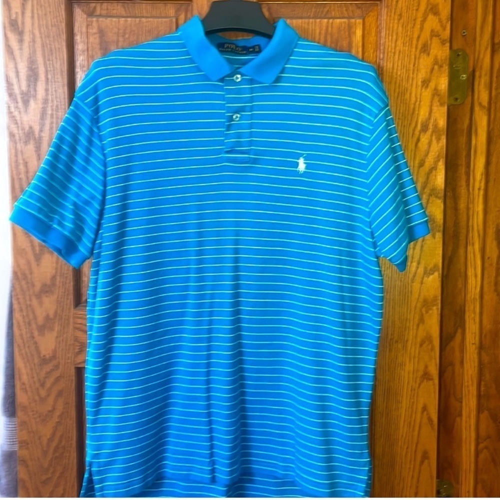 POLO Ralph Lauren XL Blue with white pin stripe polo shirt EXCELLENT CONDITION